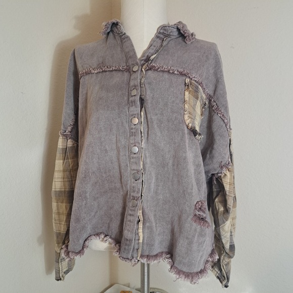POL Oversized Plaid Sleeve Raw Edge Shirt Jacket Womens Size Large‎ - Picture 4 of 13